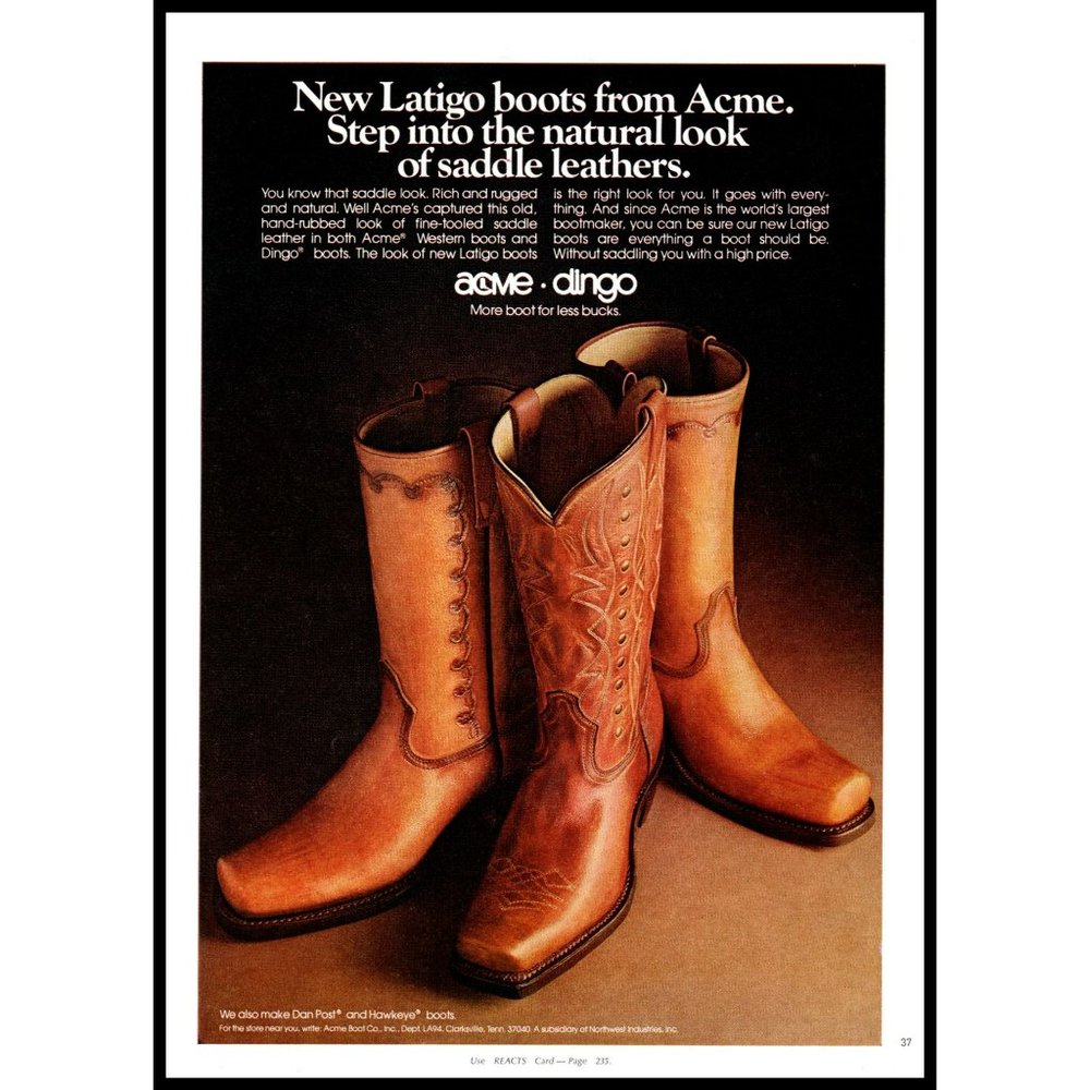 1974 Acme Dingo Brown Saddle Leather Roper Cowboy Boots Vintage Print Ad Decor